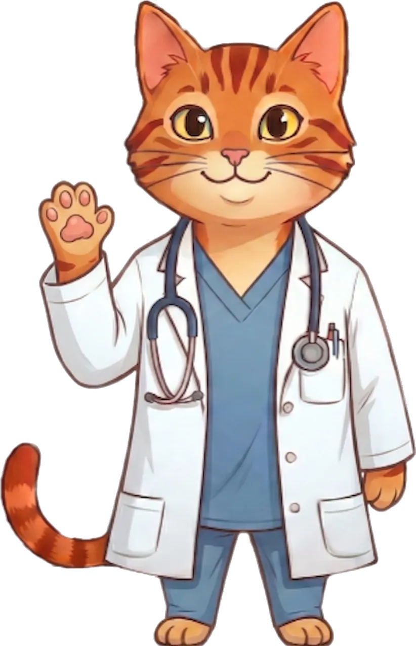 Dr. Fello, ein roter Kater im Arztkittel, winkt